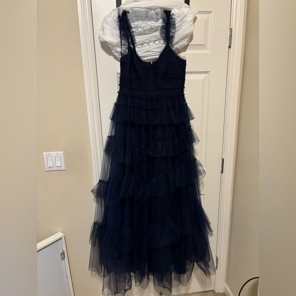 BCBGMAXAZRIA Evening Ruffled Gown, navy tiered tulle - Picture 4 of 13